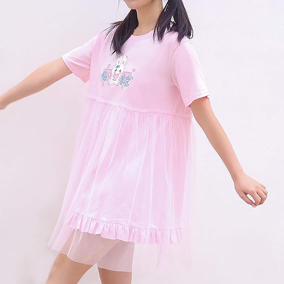 Kawaii Rabbit Graphic T-Shirt Dress White Short Sleeve Tee with Sheer Tulle Skirt with Mesh Overlay